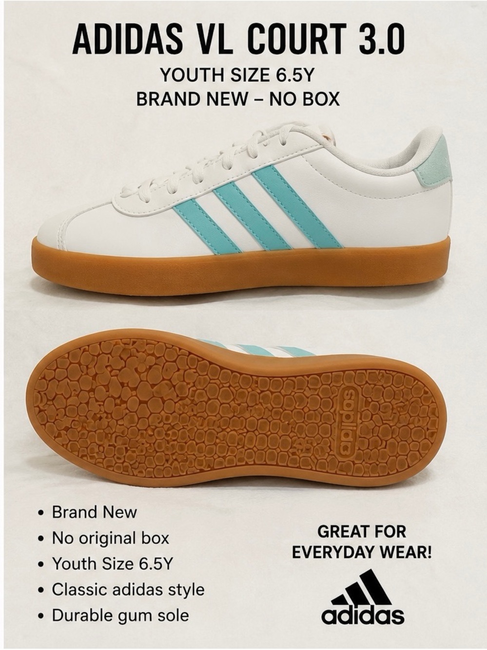 adidas VL Court 3.0 White Sneakers with Aqua Stripes and Gum Sole